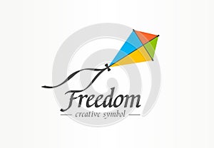 Freedom creative symbol concept. Color kite flight in sky, progress abstract business logo idea. Happy childhood, kids