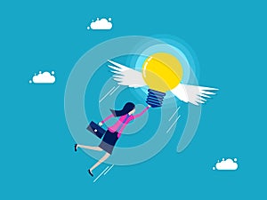 Freedom and creativity. Businesswoman flying with a light bulb. business and investment concept