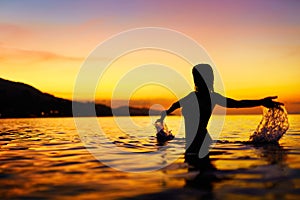 Freedom, Enjoyment. Woman In Sea At Sunset. Happiness, Healthy L