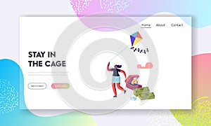 Freedom, Escaping Landing Page Template. Female Dreaming of Escape from Golden Cage. Woman Having Fun Running with Kite