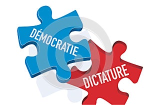 Freedom of expression concept with a puzzle piece bearing the word democracy which covers the dictatorship inscription. photo