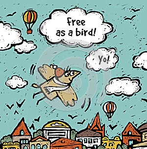 Freedom fly bird and sign sky clouds card or poster