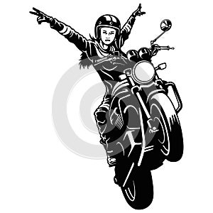 Freedom. Girl and Motorcycle - Chopper, Classic Bike, Clipart, Vector Silhouette