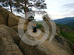 Freedom girl in mountains - Landscape Dovbush rocks