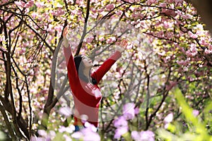 Freedom happy woman feeling alive and free in nature breathing clean and fresh air