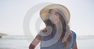 Freedom, hat and face of happy woman on beach for summer vacation, outdoor travel and tropical island. Relax, journey