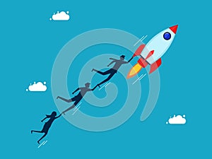 Freedom and innovation. Businessman staff clinging to a rocket. business and investment concept