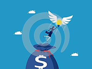 Freedom and investment knowledge. Businesswoman flying with a light bulb coming out of a money bag