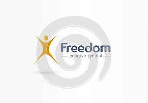 Freedom, jump, man flight creative symbol concept. Happiness, success, win abstract business logo idea. Healthy human