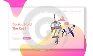 Freedom Landing Page Template. Female Character Escape Cell. Woman with Golden Key Get Out of Metal Cage