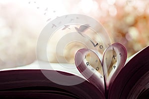 Freedom and Love Concept. Birds Flying out the Page Roll like a Heart Shape on Book
