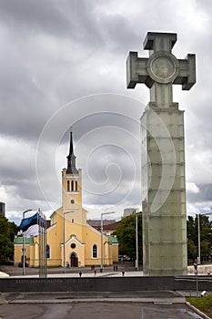 Freedom monument , is devoted to Emancipating war and St. John's Church, 1860 on Freedom Square. Tallinn, Estonia.