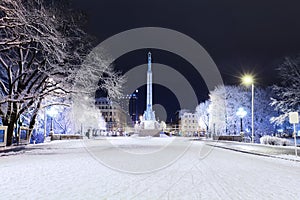 Freedom monument in Riga at winter night
