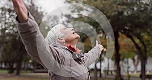 Freedom, nature and elderly woman breathing on vacation, holiday journey and winter travel. Park, fresh air and senior