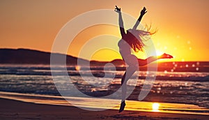 Freedom is the oxygen of the soul. Silhouette of an energetic woman jumping on the beach at sunset.
