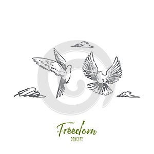 Freedom, peace, couple, flight, birds concept. Hand drawn isolated vector.