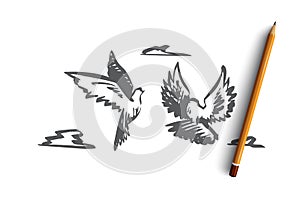 Freedom, peace, couple, flight, birds concept. Hand drawn isolated vector.