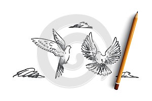 Freedom, peace, couple, flight, birds concept. Hand drawn isolated vector.