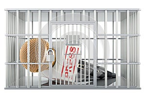 Freedom of the press prohibition, concept. Microphone press inside cage, prison cell. 3D rendering