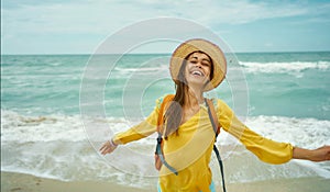 freedom satisfied woman enjoying sea beach getaway vacation, feeling good