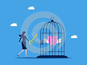 Freedom in savings and investments. Businesswoman uses a key to open a piggy bank in a cage. business concept