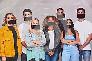 Freedom Of Speech Concept Showing Group Of Young People With Mouths Covered With Tape