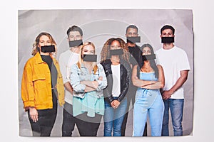 Freedom Of Speech Concept Showing Group Of Young People With Mouths Covered With Tape