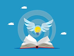 Freedom to learn and imagine. A flying light bulb with angel wings comes out of a book
