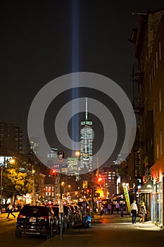 Freedom Tower and Tribute Lights Seen in West Village