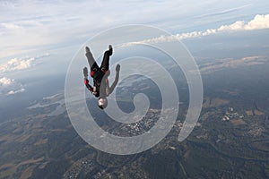 Freefly skydiving. Amazing sky. Solo skydiver is in the sky.