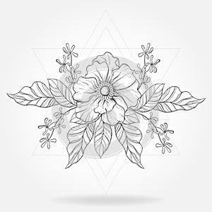 Freehand boho tattoo. Blackwork flower in hipster triangles frame. Vector illustration, tattoo sketch isolated on white for photo