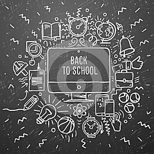 Freehand chalk drawing school items on the black chalkboard. Back to School