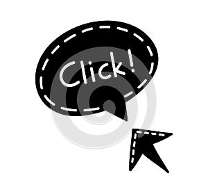 Doodle click button. Mouse cursor with text for website or computer application, hand drawn vector arrow pointer
