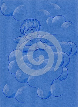 Freehand drawing of a blue tone-on-tone little angel