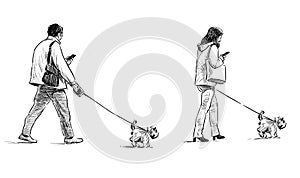 Freehand drawing of casual towns people with lap dogs walking outdoors and looking at phone