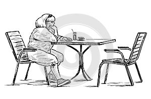 Sketch of casual townswoman sitting in outdoor caffe in wait photo