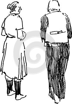 Freehand drawing of couple old people standidng and talking