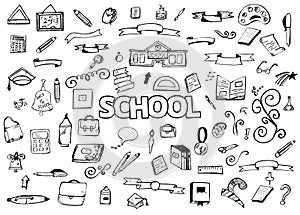Freehand drawing doodles items. Back to school. Vector illustration. Design ellements