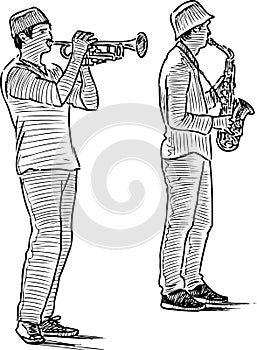 Freehand drawing of duet young street musicians playing on saxophone and trumpet