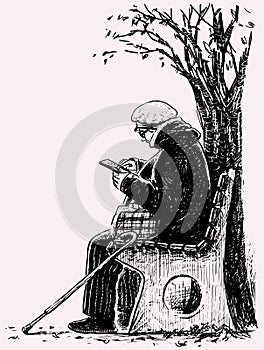 Freehand drawing of elderly woman with walking cane sitting on park bench and looking at smartphone