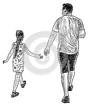 Freehand drawing of a father with his little daughter walking for a stroll on summer day
