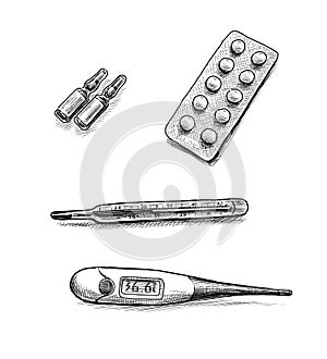 Freehand drawing of medical blister with tablets and ampoules for injections and various thermometers for measuring  temperature