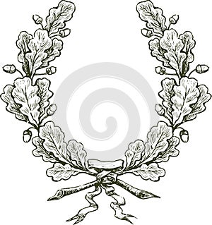 Freehand drawing of oak branches triumphal wreath with ribbon