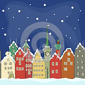 Freehand drawing of old colourful buildings in winter Amsterdam