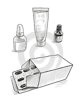 Freehand drawing of pack blisters with pills in cardboard box and tube with ointment and bottles of dispenser with drug solution