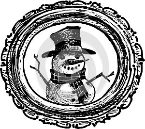 Freehand drawing of portrait cheerful snowman in decorative oval picture frame