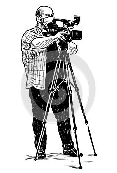 Freehand drawing of professional photographer in mask taking picture