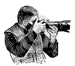 Freehand drawing of professional photographer taking picture