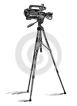 Freehand drawing of professional videocamera on tripod