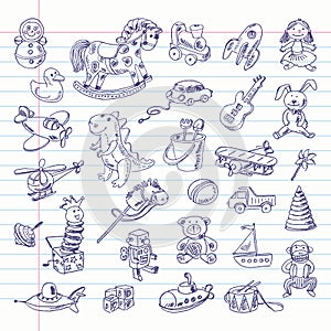 Freehand drawing retro toys items